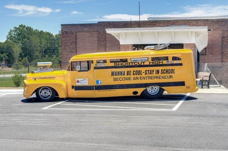 wanna be cool? stay in school! 1949 Ford custom bus